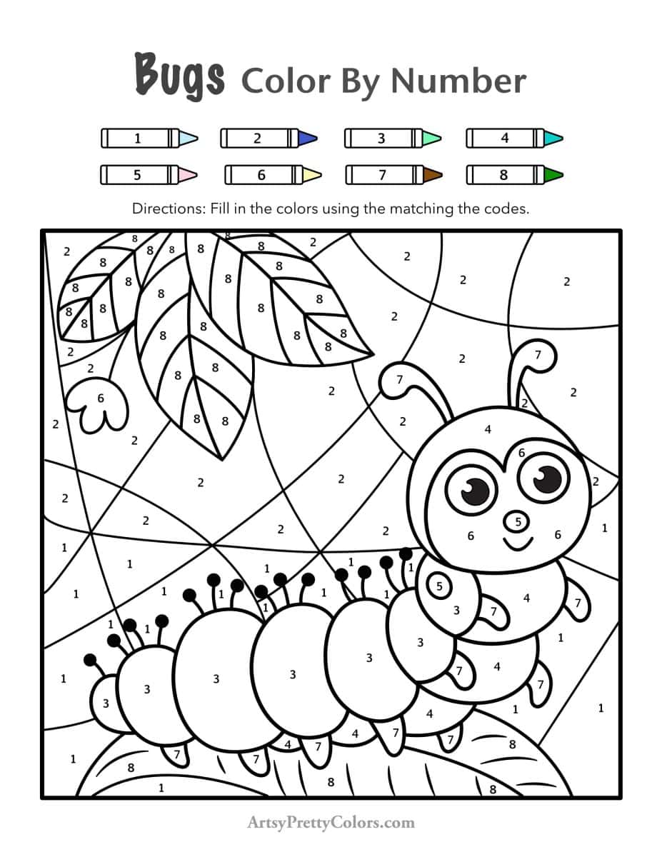 A line drawing of a caterpillar with the background sectioned off with number that match a color code at the top of the PDF.