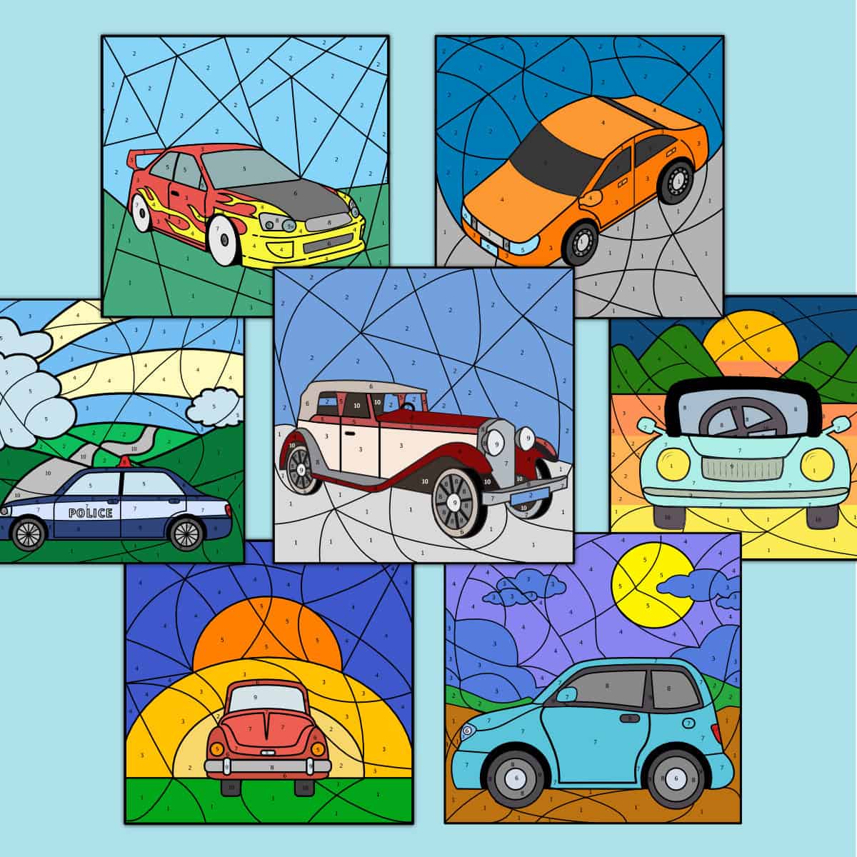 multiple colored in color by number pages of different types of cars.