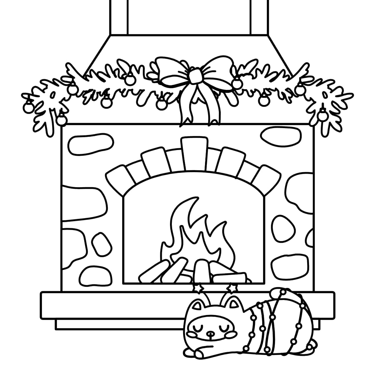 Fireplace coloring page of stone fireplace and a cat.