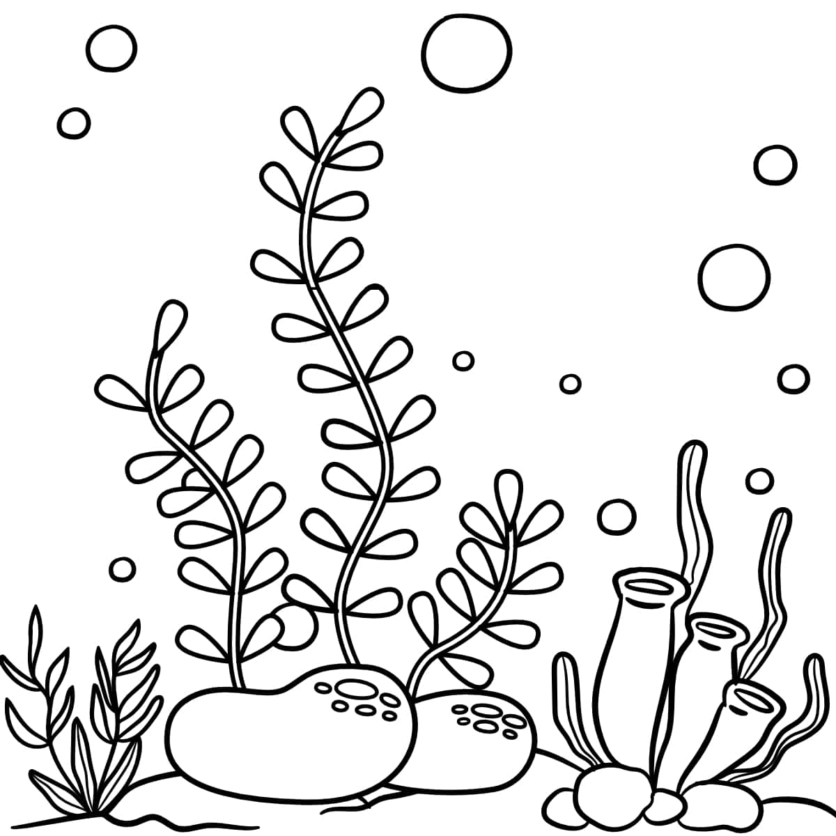 Coloring page of an underwater scene with algae and bubbles.