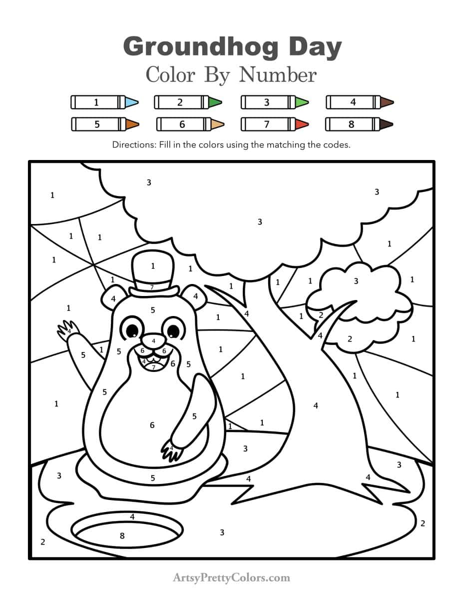 Color by number pdf of Punxutawney Phil burrowing from hole on Groundhog Day.