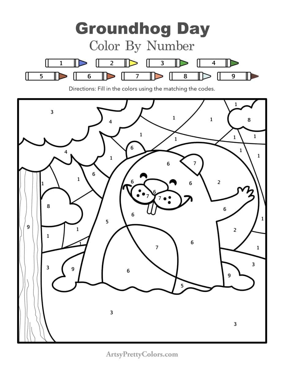 Color by number page of cute groundhog coming out of hole.