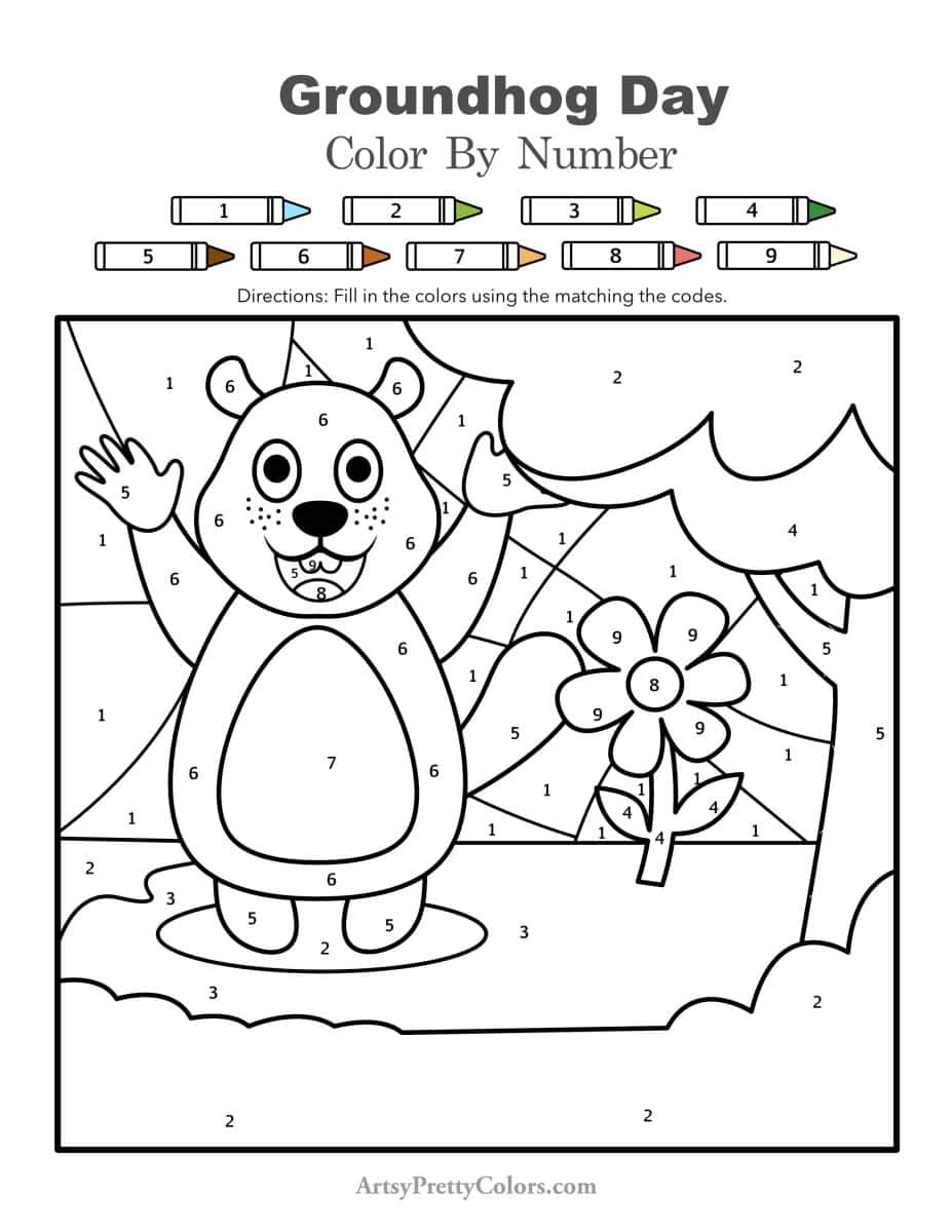 Color by number pdf of a groundhog not seeing his shadow on Groundhog day.