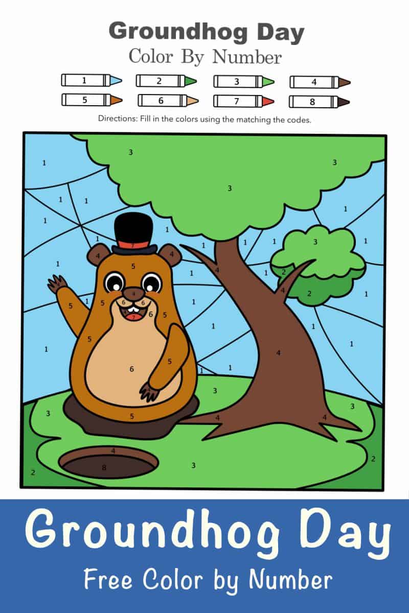 Six different free pdf files for Groundhog Day color by number worksheets,