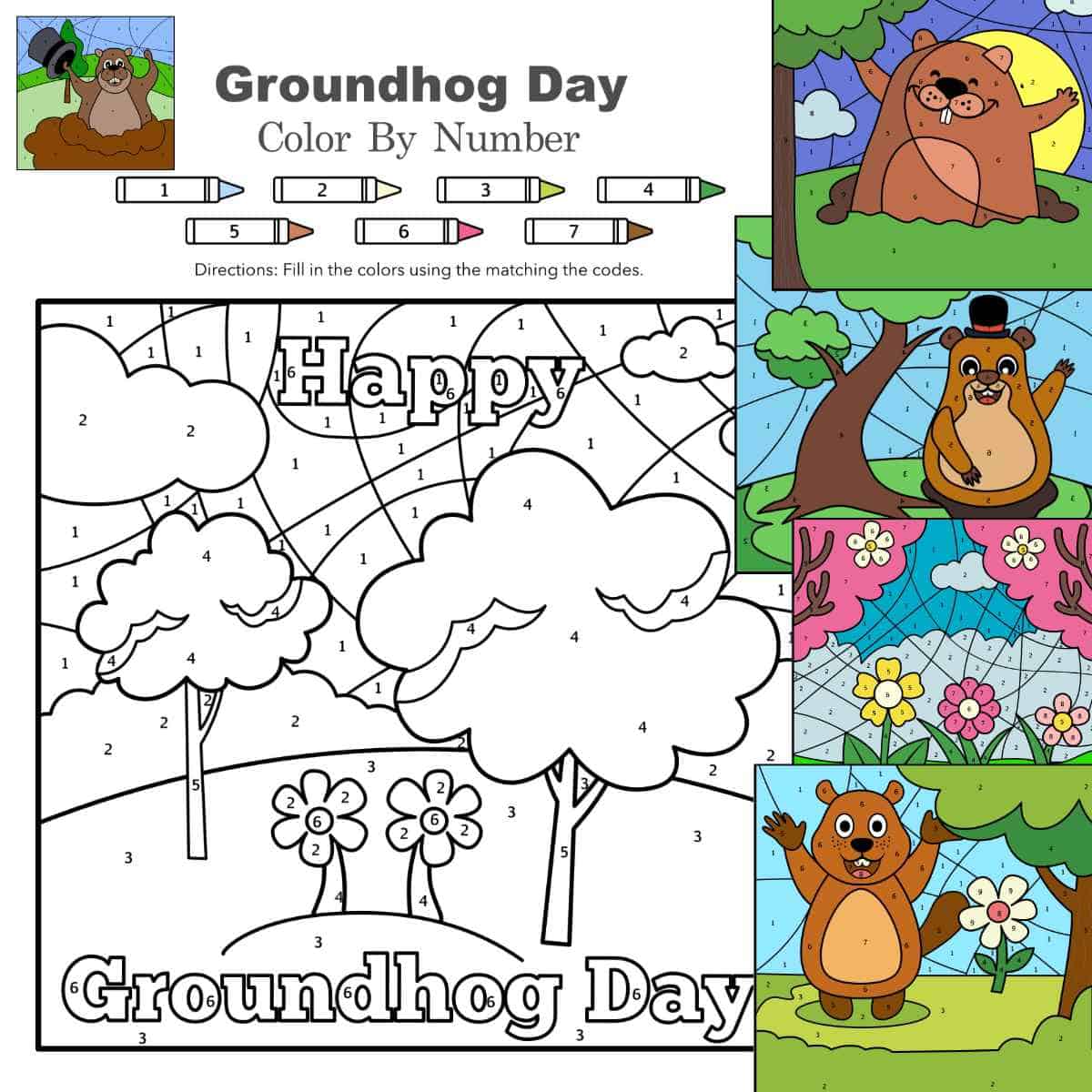 Color by number printables of Groundhog Day.