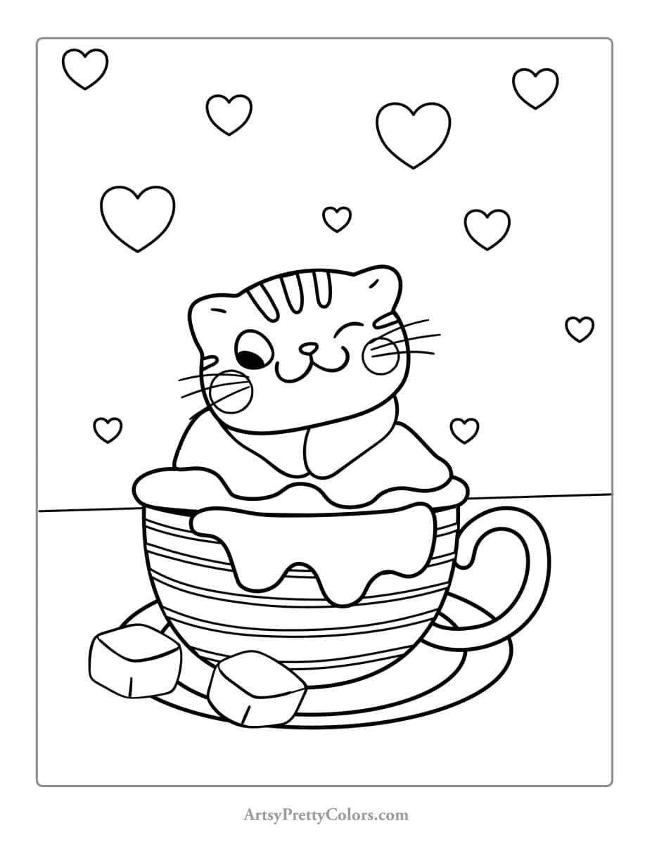 Coloring sheet of a cat sitting inside a coffee mug.