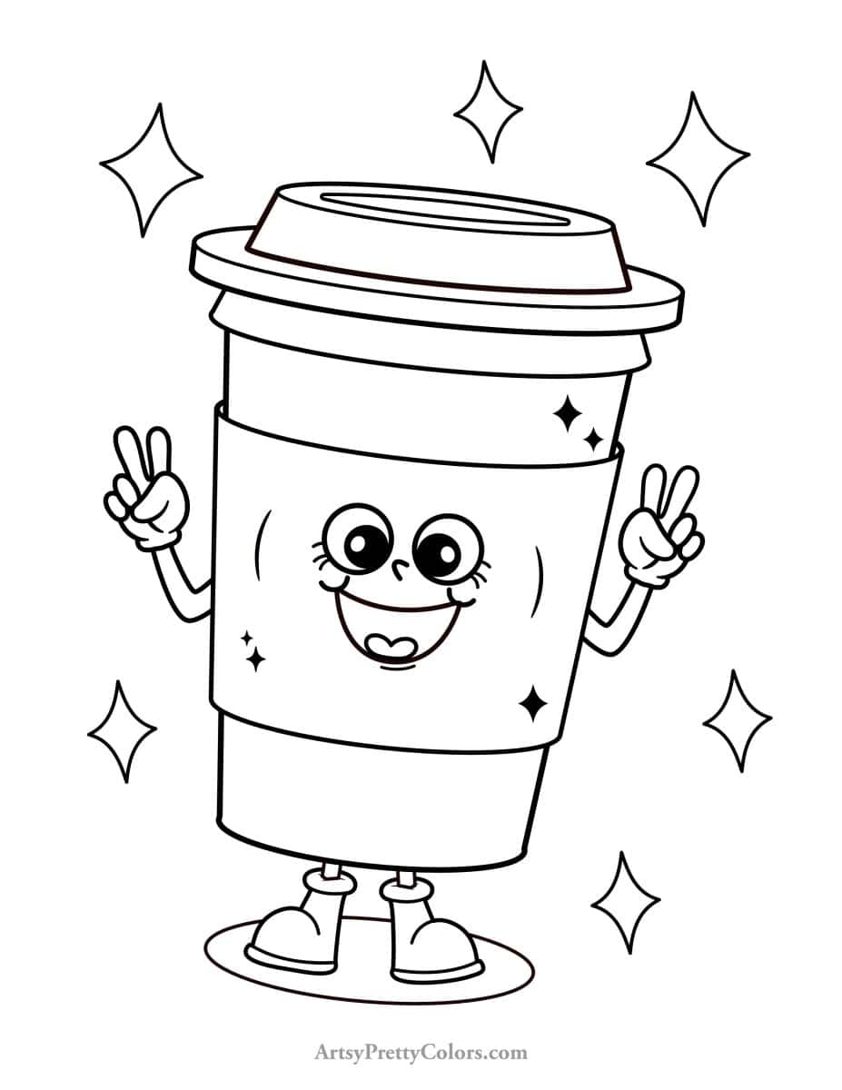 A to go coffee cuup with a smiley face and dancing feet and hands.