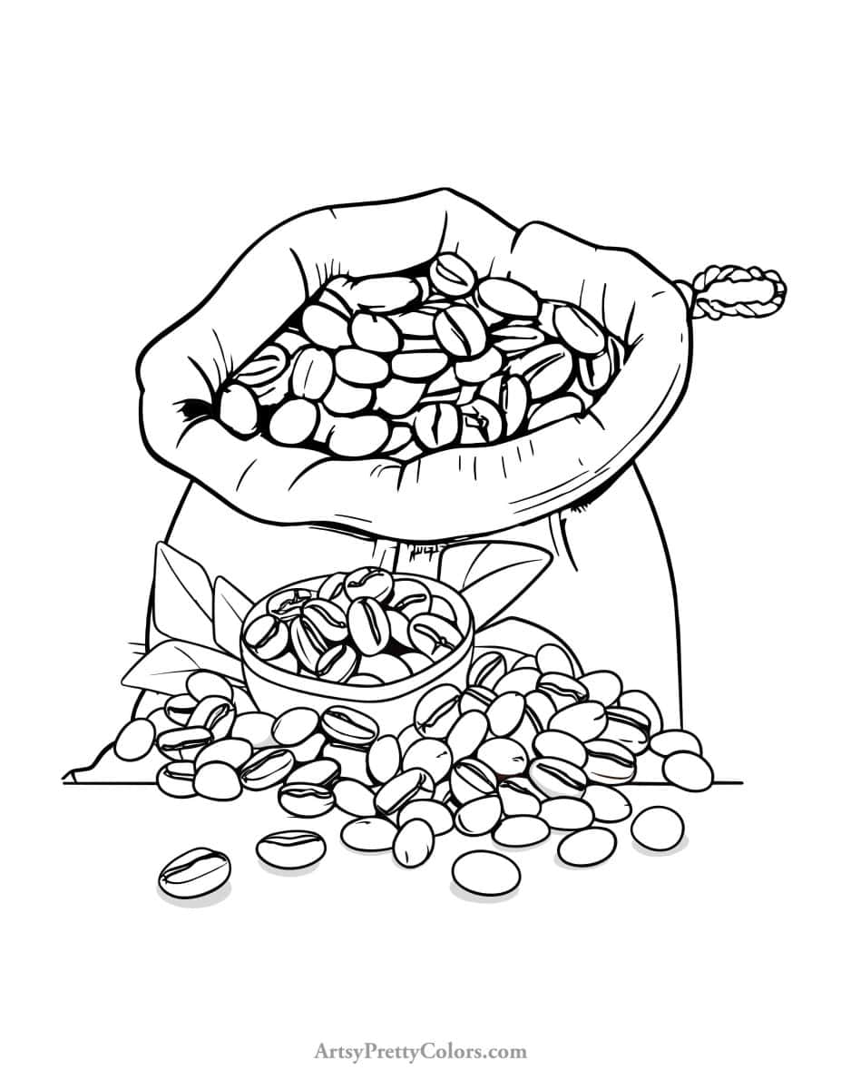 A coffee coloring page of a sack of coffee beans spilling onto a table.