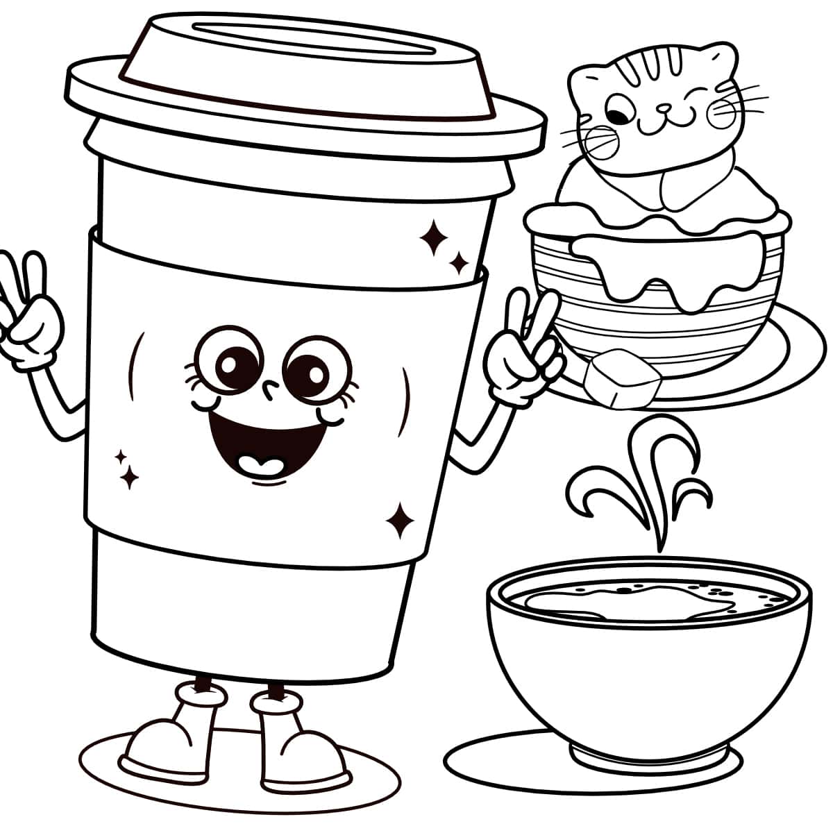 3 different coffee cup drawings of line art for kids to color.